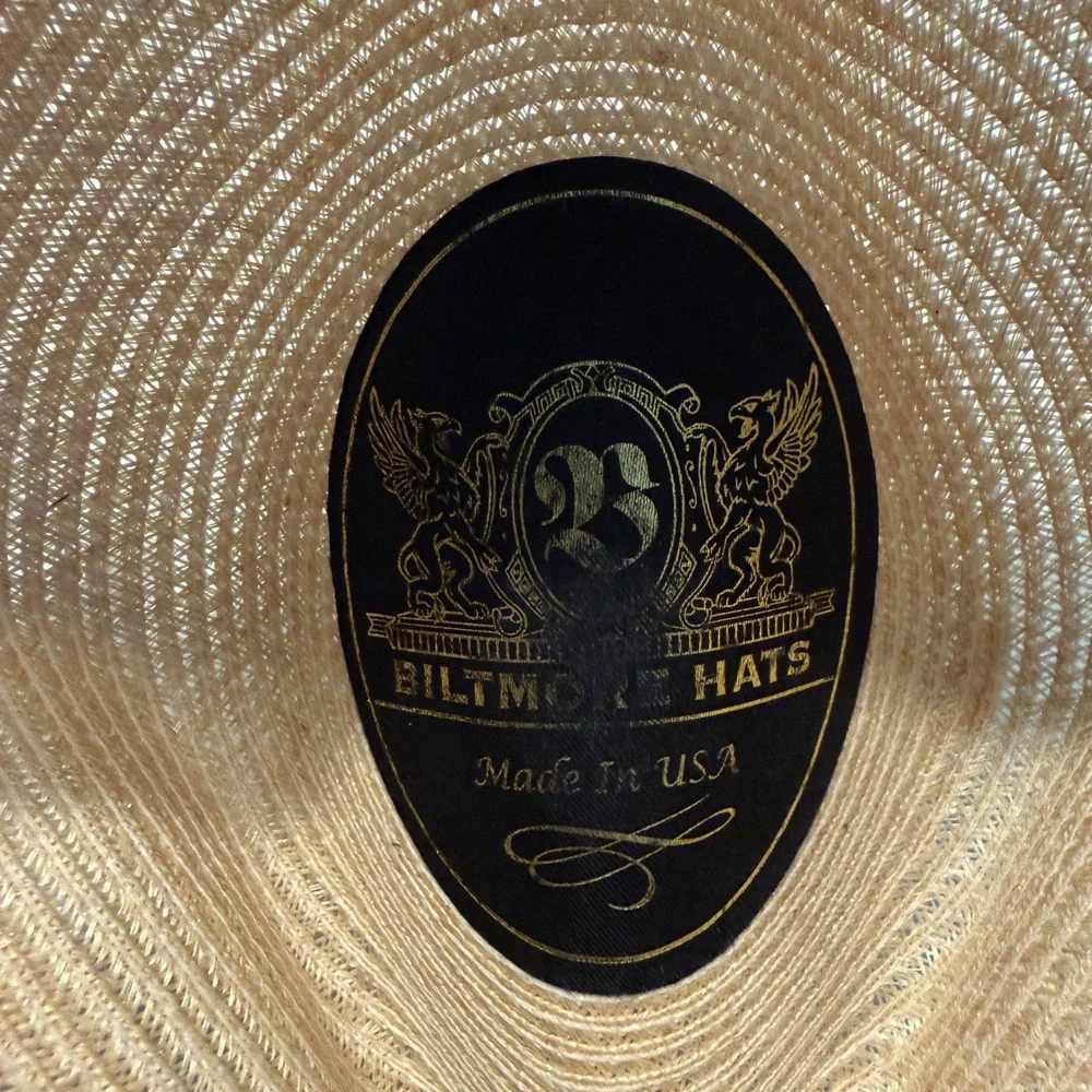 Biltmore Hats Mens Tan Straw Fedora Hat Size 7 56 Made in USA Brown Band Bow